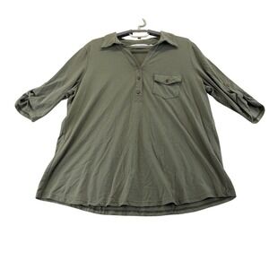 Emily Daniels Top Women XL Green Henley Roll Tab Sleeve Casual Knit Shirt
